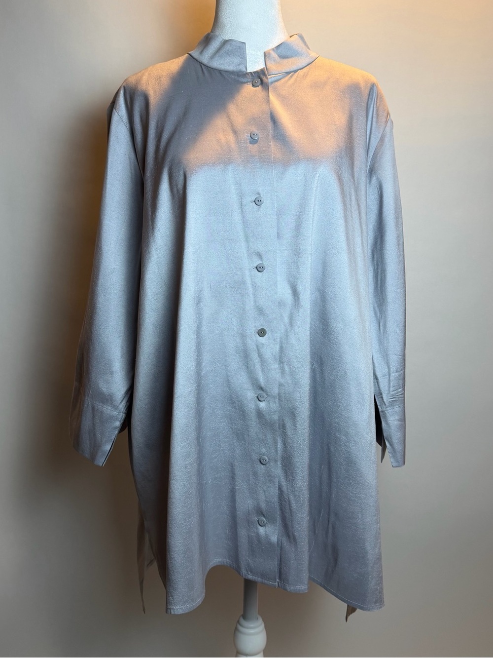 Eileen Fisher Silk Georgette Crepe Mandarin Collar Long Shirt- Light Gray - Picture 6 of 14
